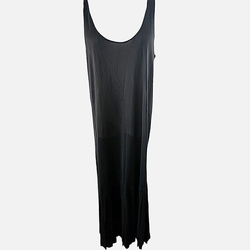Vintage Black Satin Pleated Bottom Maxi Slip Dress